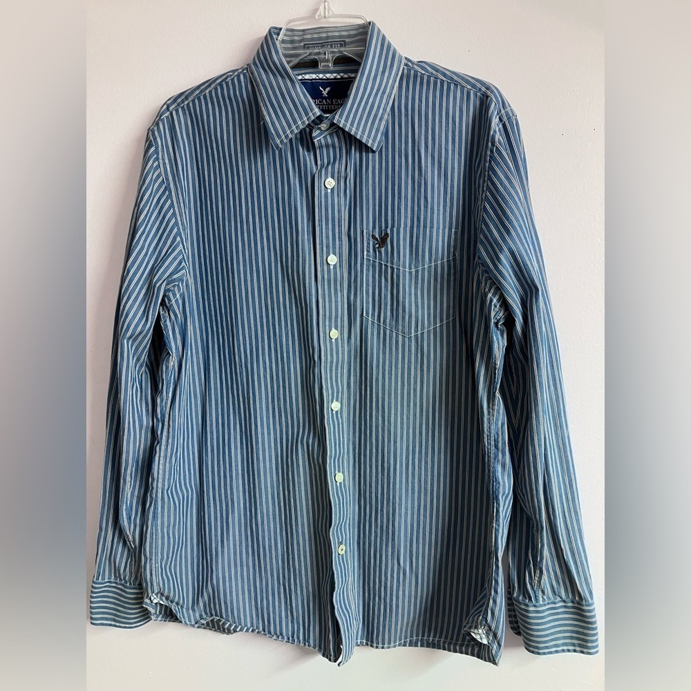 Vintage Fit Men’s Long Sleeve Dress Shirt, Large, Blue, Office/Business, AEO